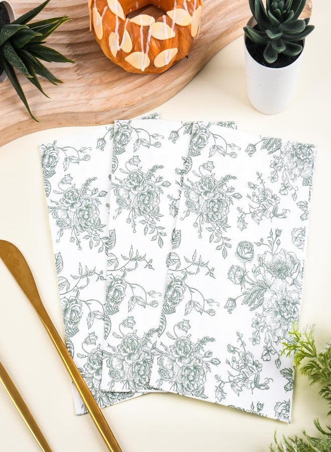 Elyxio 100 Floral Guest Napkins Sage Green and White Toile Disposable Paper Napkins Decorative Flower Bathroom Hand Towels for Bridal Baby Shower Tea Party Birthday Party Supplies (Sage Green) - Image 4