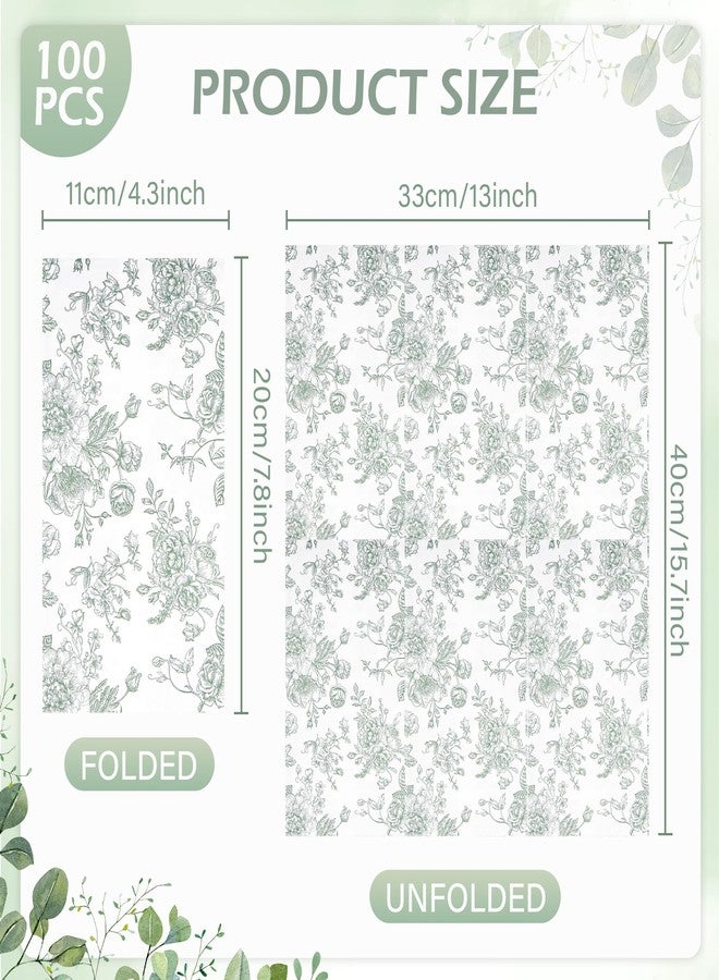 Elyxio 100 Floral Guest Napkins Sage Green and White Toile Disposable Paper Napkins Decorative Flower Bathroom Hand Towels for Bridal Baby Shower Tea Party Birthday Party Supplies (Sage Green) - Image 2