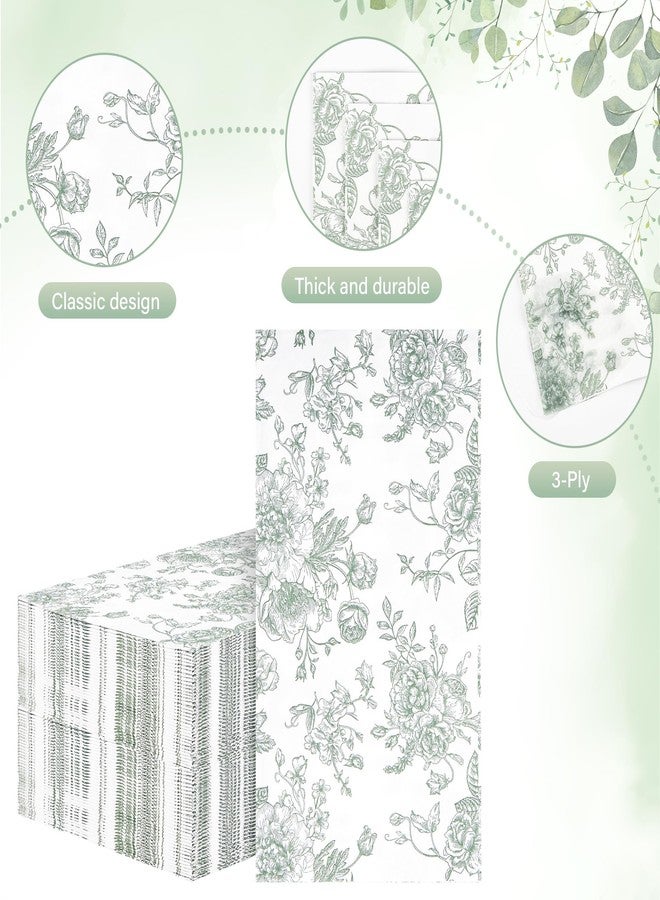 Elyxio 100 Floral Guest Napkins Sage Green and White Toile Disposable Paper Napkins Decorative Flower Bathroom Hand Towels for Bridal Baby Shower Tea Party Birthday Party Supplies (Sage Green) - Image 3
