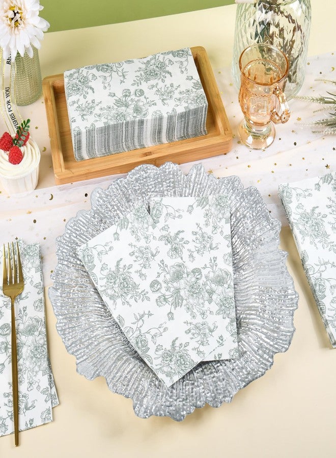 Elyxio 100 Floral Guest Napkins Sage Green and White Toile Disposable Paper Napkins Decorative Flower Bathroom Hand Towels for Bridal Baby Shower Tea Party Birthday Party Supplies (Sage Green) - Image 5
