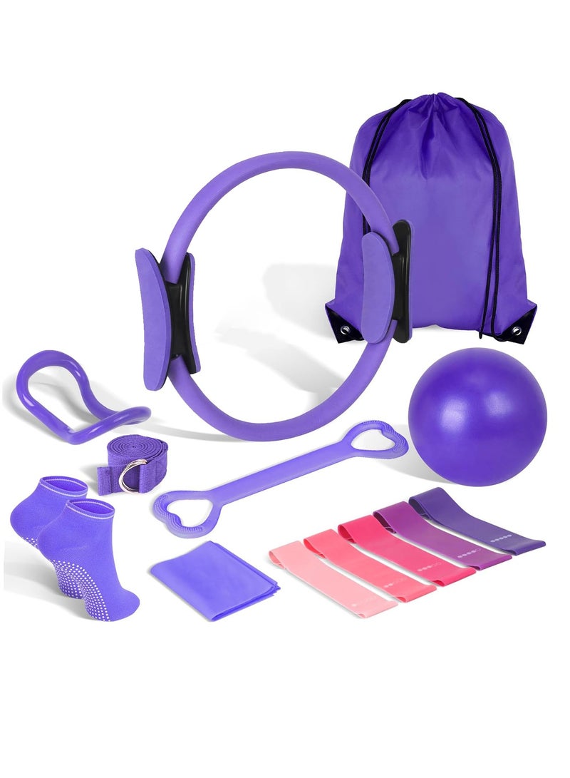 أوزيغالور مجموعة أساسيات حلقة بيلاتيس للنساء، مجموعة معدات التمرين المنزلي مع كرة 9.8 بوصة، أشرطة مقاومة، دائرة سحرية، ملحقات - Image 1