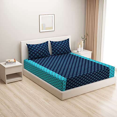 Swayam Pure Cotton Double Bedsheet with 2 Pillow Covers | Size 90 x 108 inch | 200 TC | Ethnic Motifs Design | Soft Breathable Bed Sheet | Comfortable & Durable for Bedroom - Blue - Image 4