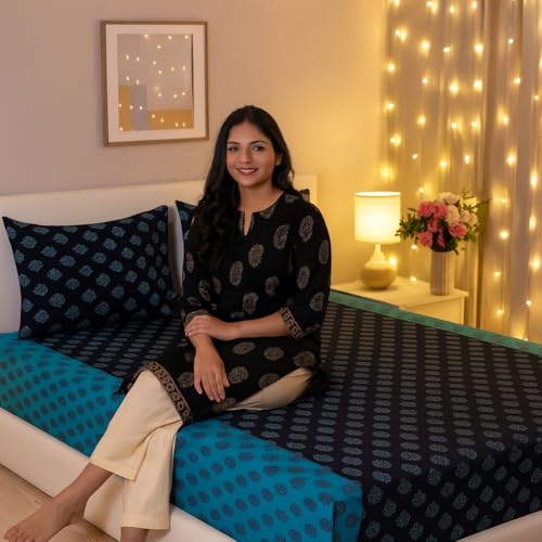 Swayam Pure Cotton Double Bedsheet with 2 Pillow Covers | Size 90 x 108 inch | 200 TC | Ethnic Motifs Design | Soft Breathable Bed Sheet | Comfortable & Durable for Bedroom - Blue - Image 1