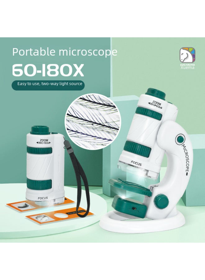 Xueyouma Portable Microscope For Primary And Secondary School Students Three-in-one Set Double Light Source Microscopic Teaching Aid Specimen Slide-Color:Portable Microscope Stand-alone (1533) White Green  - Image 2