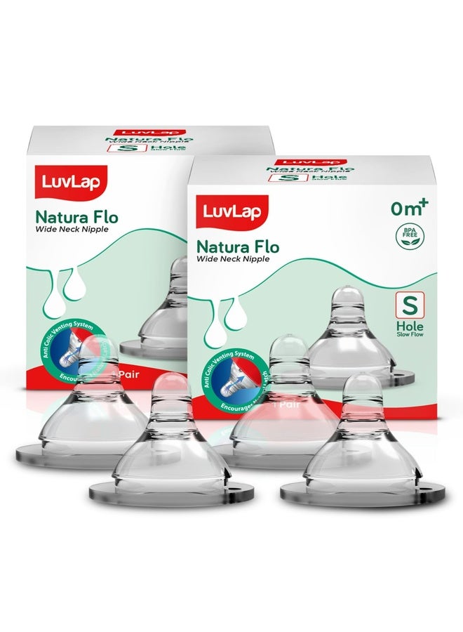 Luvlap Anti-Colic Natura Flo Teat/Nipple for Wide Neck Bottle,4pcs Slow Flow, 0m+, Made of Soft & Flexible Silicone, Ergonomic shape, Mimics breastfeeding, leak proof, BPA Free, comes with sturdy base - Image 1