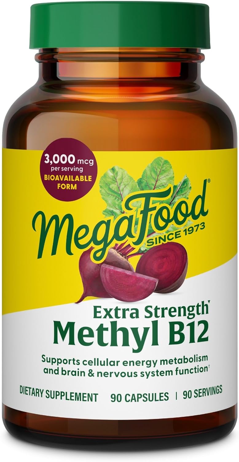MegaFood Extra Strength Methyl B12 Vitamins Bioavailable Vitamin B12 3000mcg Per Serving Supports Energy Metabolism  Nervous System Health Beet Root Vegan Gluten Free 90 Capsules 90 Servings - Image 1