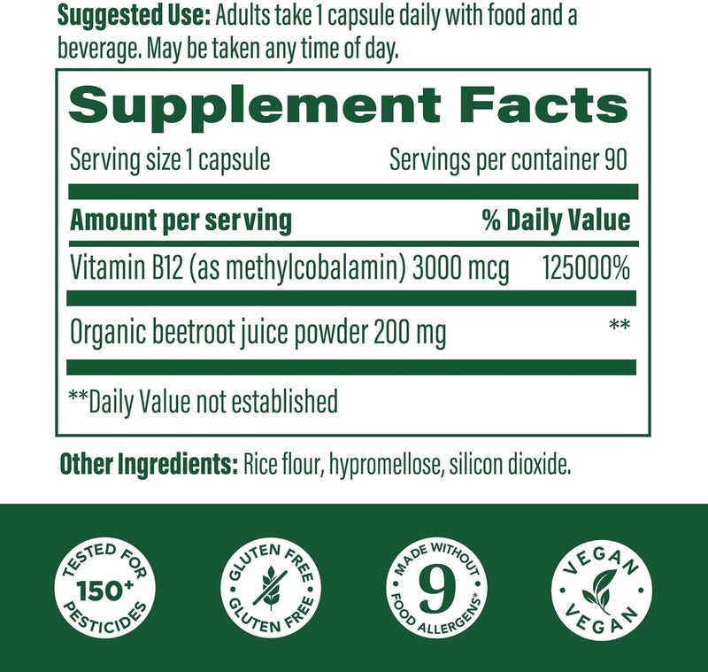 MegaFood Extra Strength Methyl B12 Vitamins Bioavailable Vitamin B12 3000mcg Per Serving Supports Energy Metabolism  Nervous System Health Beet Root Vegan Gluten Free 90 Capsules 90 Servings - Image 2