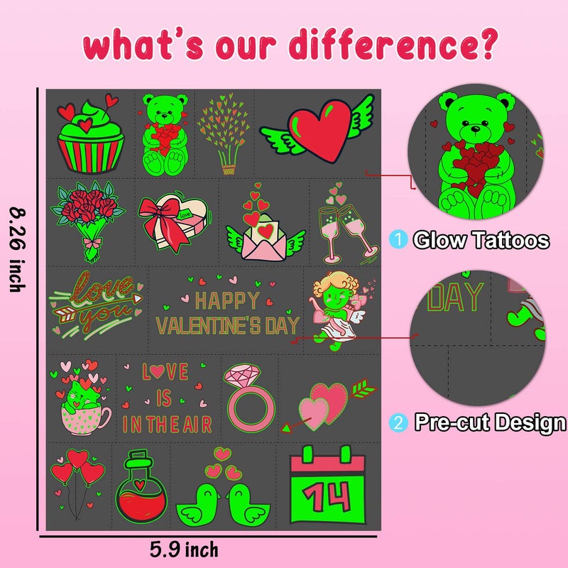 Partywind Luminous Valentines Day Temporary Tattoos for Kids  38 Styles Glow Valentines Day Decorations Party Favors Supplies Decor  Valentine Heart Stickers for Kids to Exchange (2 Sheets) - Image 2