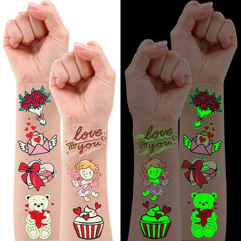 Partywind Luminous Valentines Day Temporary Tattoos for Kids  38 Styles Glow Valentines Day Decorations Party Favors Supplies Decor  Valentine Heart Stickers for Kids to Exchange (2 Sheets) - Image 1