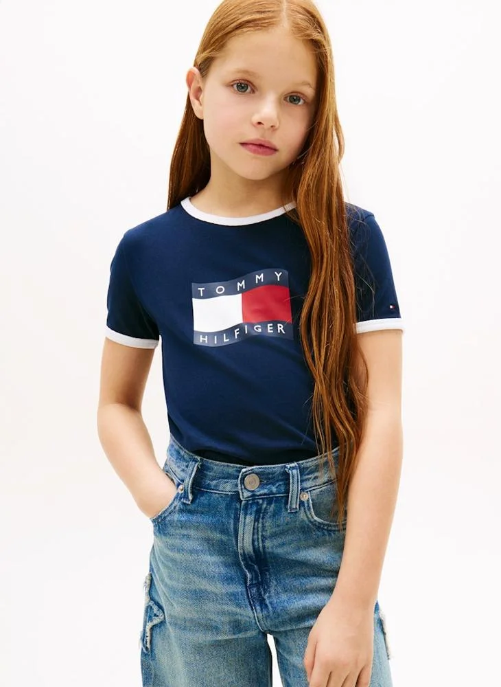 TOMMY HILFIGER Kids Wavy Flag Ringer Crew Neck T-Shirt