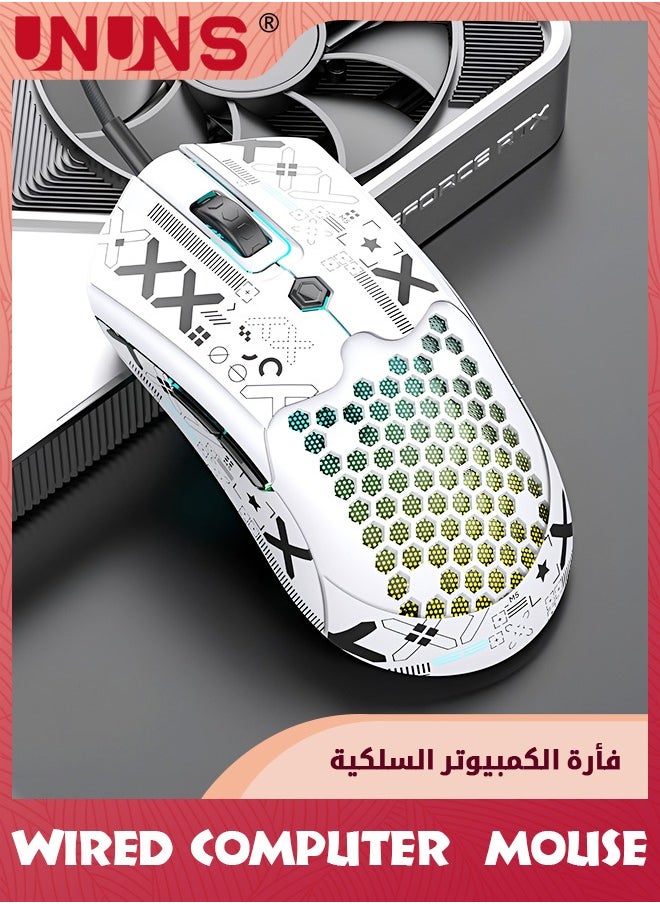 UNUNS ماوس ألعاب سلكي، ماوس ألعاب كمبيوتر خفيف الوزن M5 RGB مع 12000 نقطة في البوصة 6 أزرار مبرمجة، هيكل قرص العسل 65 جرام، كابل فائق الخفة، ماوس ألعاب بمستشعر بصري Pixart 3325، أبيض  - Image 1