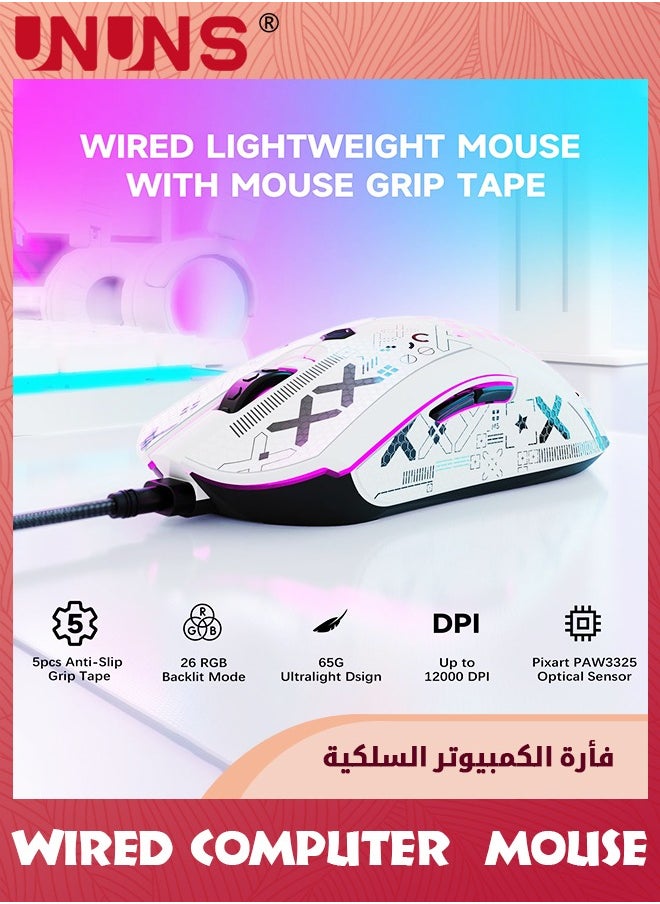 Wired Gaming Mouse,M5 RGB Lightweight PC Gaming Mice With 12000 DPI 6 Programmed Buttons,65g Honeycomb Shell,Ultralight Ultraweave Cable,Pixart 3325 Optical Sensor Gamer Mice,White