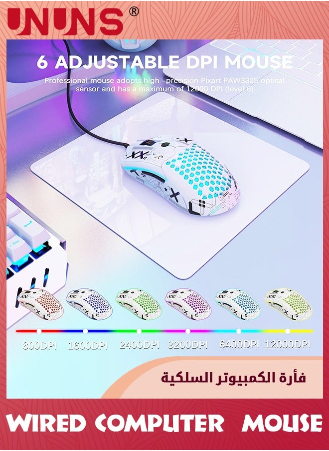 UNUNS ماوس ألعاب سلكي، ماوس ألعاب كمبيوتر خفيف الوزن M5 RGB مع 12000 نقطة في البوصة 6 أزرار مبرمجة، هيكل قرص العسل 65 جرام، كابل فائق الخفة، ماوس ألعاب بمستشعر بصري Pixart 3325، أبيض  - Image 5