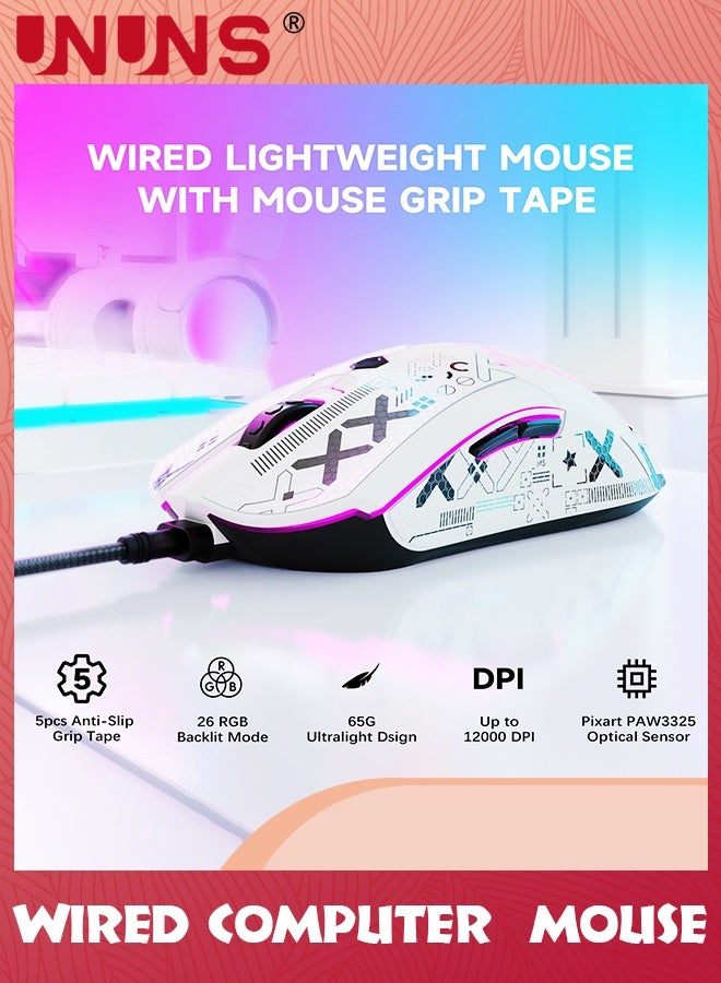 UNUNS Wired Gaming Mouse,M5 RGB Lightweight PC Gaming Mice With 12000 DPI 6 Programmed Buttons,65g Honeycomb Shell,Ultralight Ultraweave Cable,Pixart 3325 Optical Sensor Gamer Mice,White - Image 2