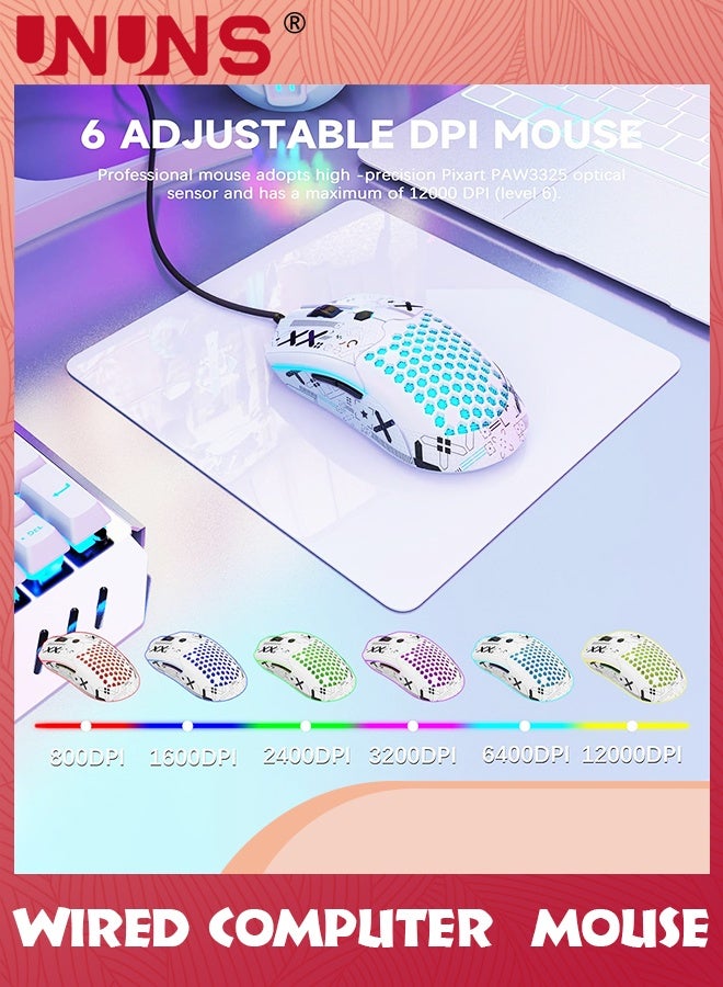 UNUNS Wired Gaming Mouse,M5 RGB Lightweight PC Gaming Mice With 12000 DPI 6 Programmed Buttons,65g Honeycomb Shell,Ultralight Ultraweave Cable,Pixart 3325 Optical Sensor Gamer Mice,White - Image 5