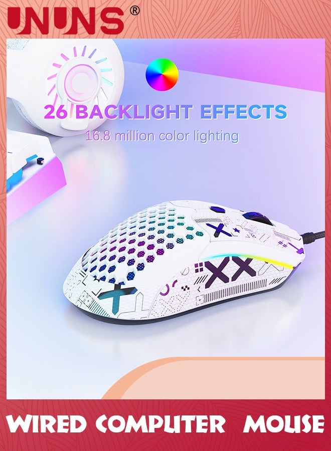 UNUNS Wired Gaming Mouse,M5 RGB Lightweight PC Gaming Mice With 12000 DPI 6 Programmed Buttons,65g Honeycomb Shell,Ultralight Ultraweave Cable,Pixart 3325 Optical Sensor Gamer Mice,White - Image 4