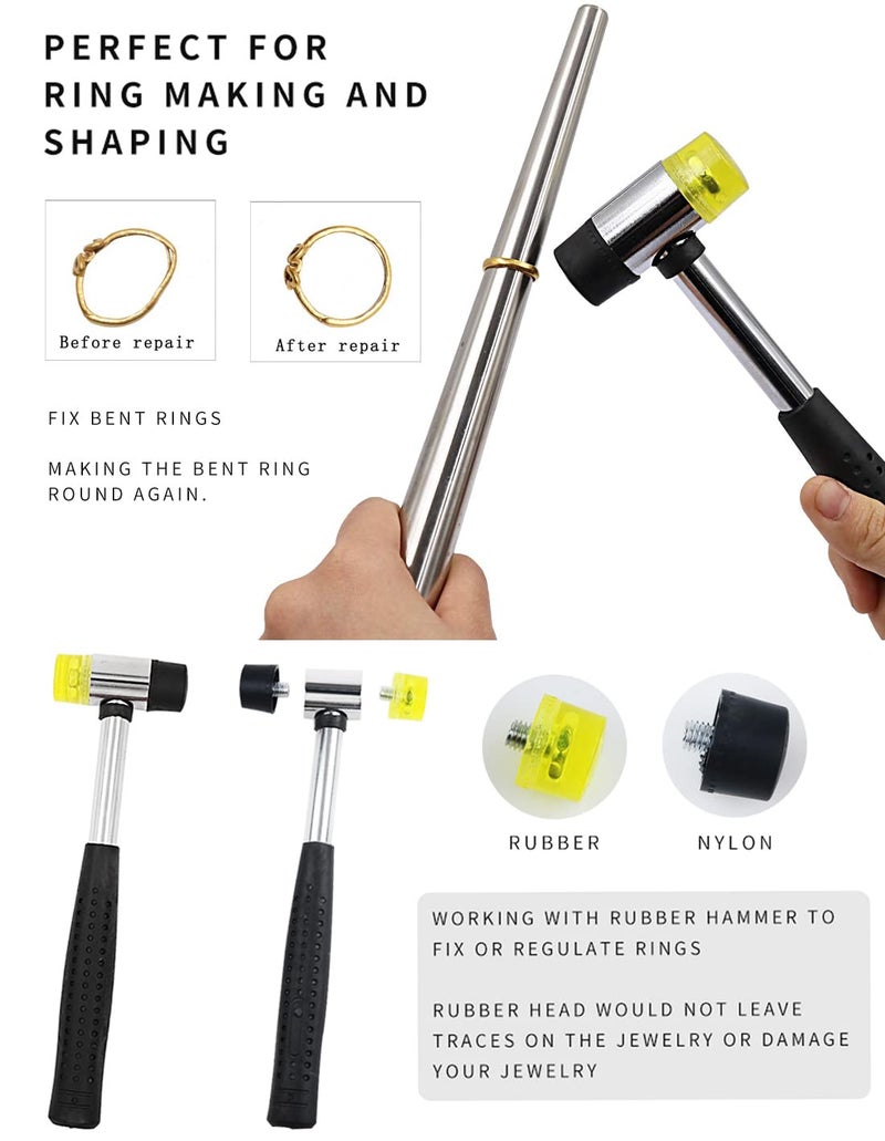HEYMOUS Ring Sizer Mandrel Measuring Tool Steel Ring Sizing Gauge Sizers Set Rubber Jeweler's Mallet Hammer Metal Finger Size Stick Wire Wrap Rings Tools Jewelry Making Kit - Image 3