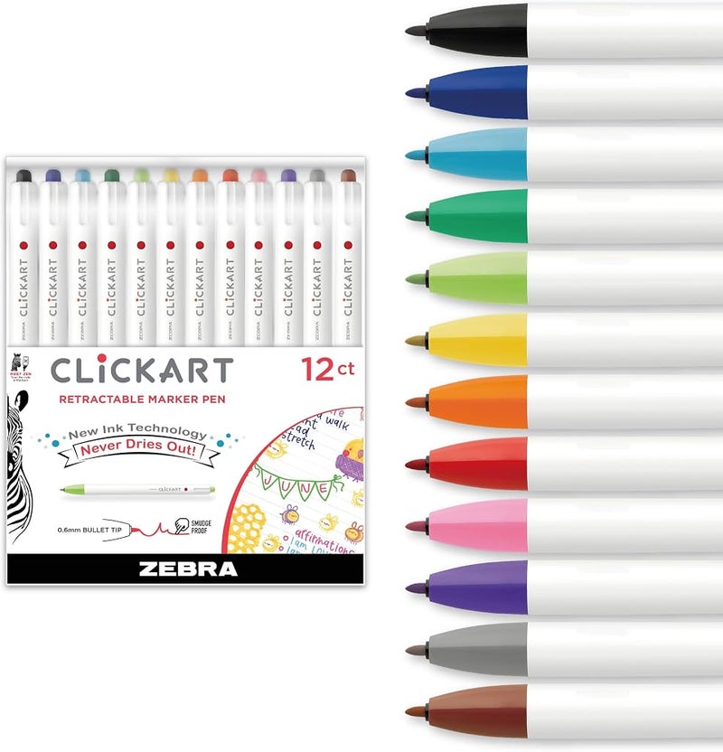 Zebra Pen Click Art Retractable Marker Pen, Fine Point, 0.6mm, Assorted Colors, 12 Pack - Image 1