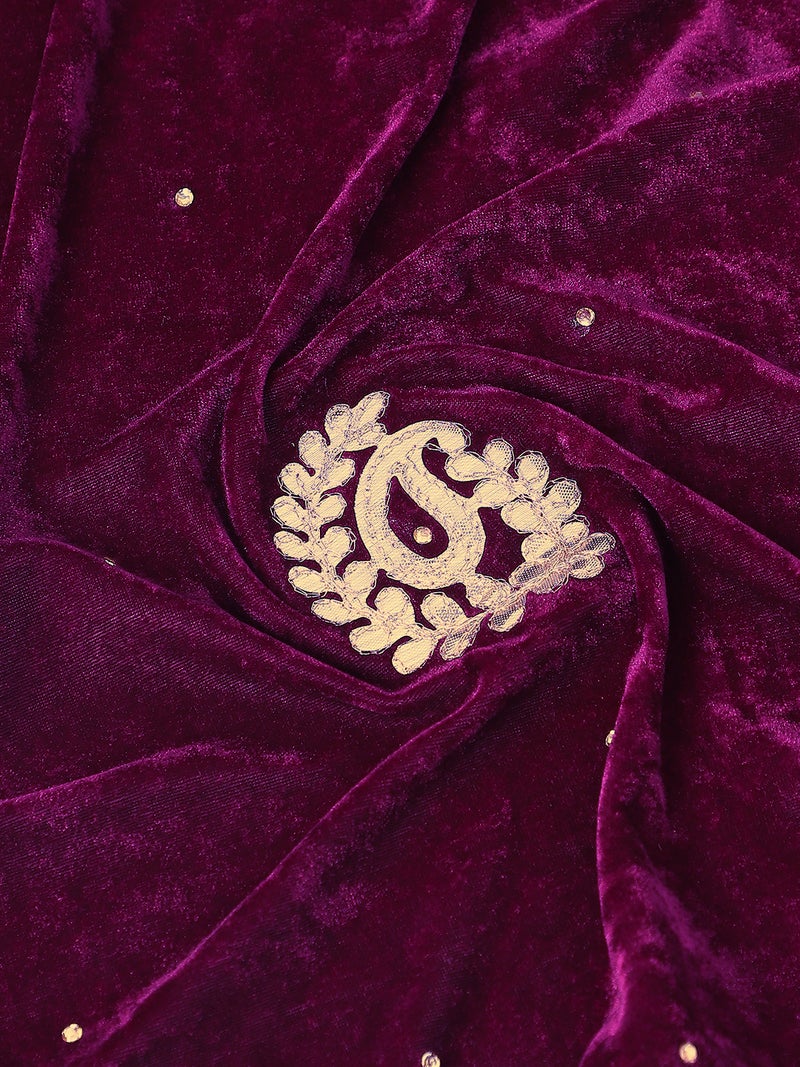 جلو باص شال نسائي بنفسجي مطرز بزخارف بيزلي وتفاصيل جوتا باتي من المخمل للمناسبات - Image 3