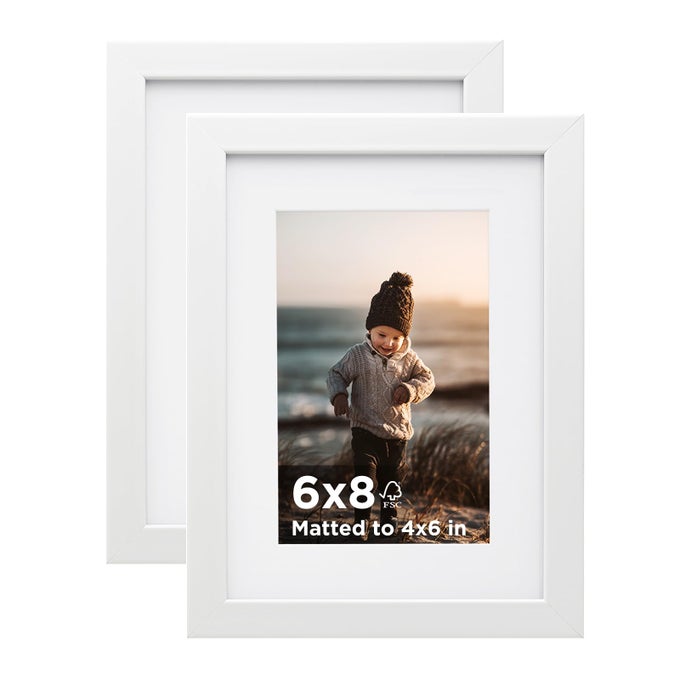 6X8 PICTURE FRAME WHITE SET OF 2 WOODEN PHOTO FRAMES MATTED 4X6 WITH PLEXIGLASS FOR 4X6 WITH MAT OR 6X8 WITHOUT MAT FOR TABLE AND WALL DISPLAY