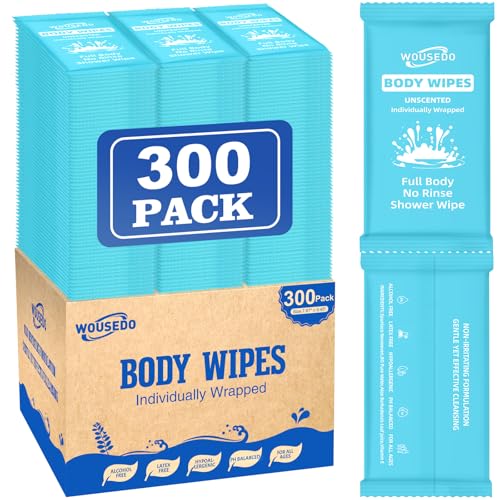 WOUSEDO 300 Pcs Ultra Thick Soft Large Body Wipes Individually Wrapped787 x 945Shower Wipes for Adults Bathing No RinsePersonal Cleansing Wipes for Travel GymBulk Deodorant for HomelessBlue - Image 2