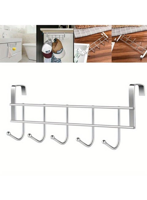 5 Hooks Over The Door Hooks Stainless Steel Hanger Clothes Towel Storage Holder Bathroom Organizer Rack Clothes Coat Hat Hanger