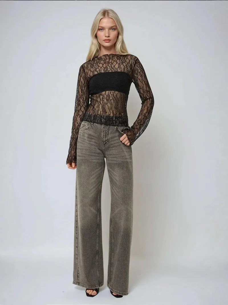 زوبعة بلوزة دانتيل بياقة دائرية