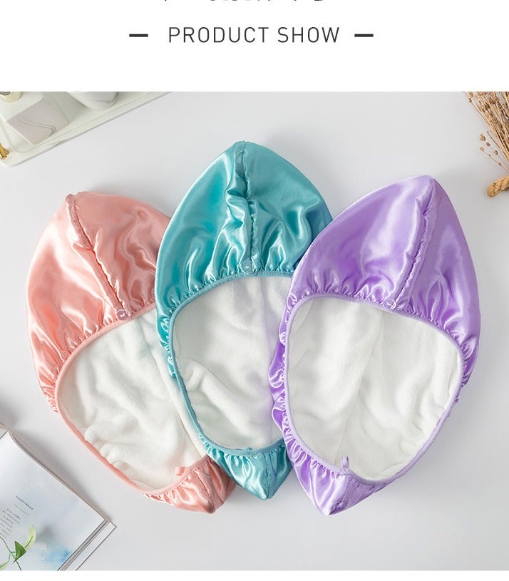 Pack of 3 Women's Adjustable Double-Sided Satin Silk  Quick Dry Towel Turban Hat ,Satin Outer Coral Fleece Inner,Hair Towel Wrap Super Absorbent Hair Drying Towel Cap(Pink,Green and Purple) - Image 1