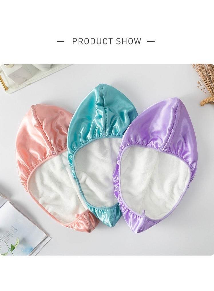 3 Pack Quick Dry Towel Turban Hat ,Satin Outer Coral Fleece Inner,Hair Towel Wrap Women Super Absorbent Hair Drying Towel Cap(Pink,Green and Purple) - Image 2