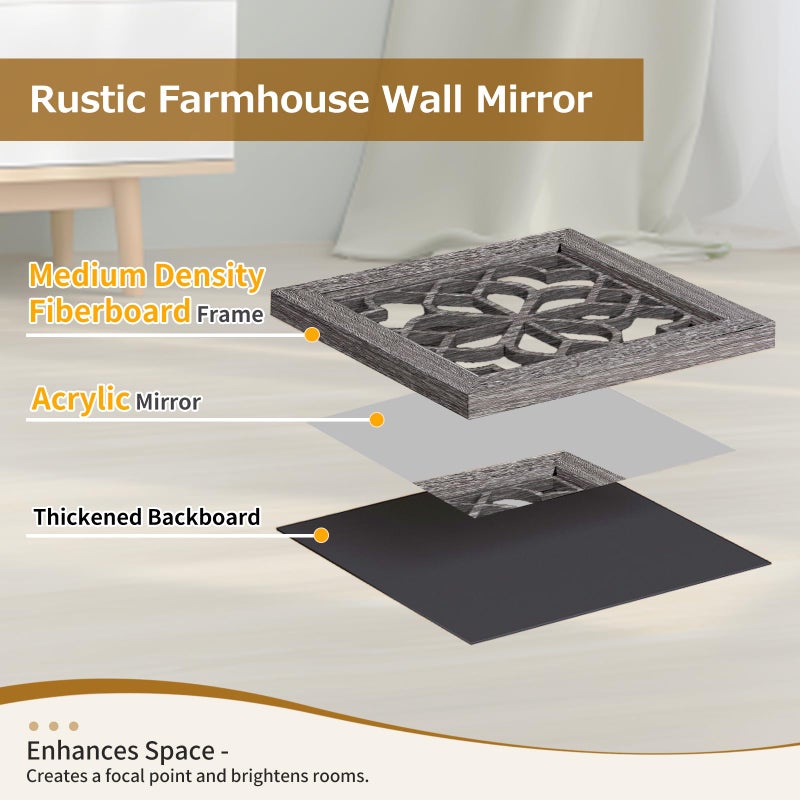 HMANGE Boho Wall Mirror Decor, Set of 2 Rustic Farmhouse Accent Mirror 12x12 Inch, Square Shatterproof Vintage Style Mirrors for Wall, Small Decorative Mirrors for Living Room, Bedroom(Brown) - Image 5
