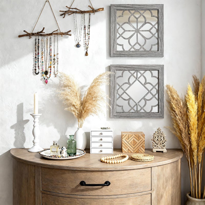 HMANGE Boho Wall Mirror Decor, Set of 2 Rustic Farmhouse Accent Mirror 12x12 Inch, Square Shatterproof Vintage Style Mirrors for Wall, Small Decorative Mirrors for Living Room, Bedroom(Brown) - Image 2