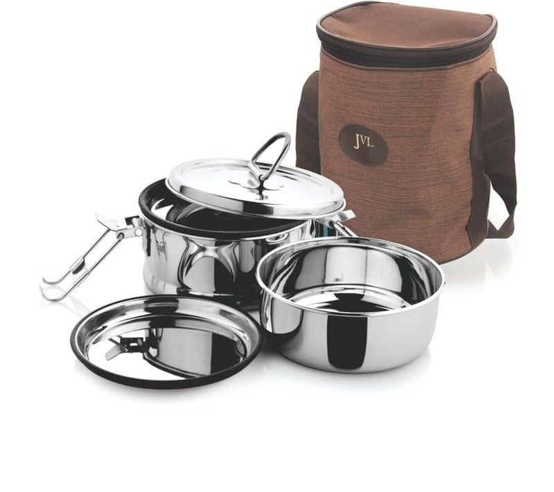 JVL Stainless Steel Lunch Box for Kids, Double Two Layer Leakproof Tiffin Box for School and Office use with Inner Plate - Round (Large Size) - Image 1