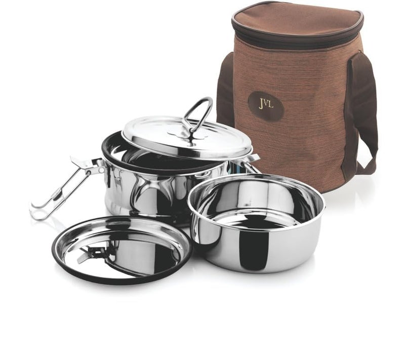 JVL Stainless Steel Lunch Box for Kids, Double Two Layer Leakproof Tiffin Box for School and Office use with Inner Plate - Round (Large Size) - Image 2