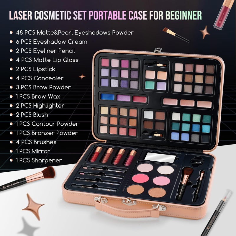 COLOR NYMPH مجموعة مكياج كولور نيمف للمراهقات مع حقيبة يد وردية قابلة لإعادة الاستخدام، مجموعة مكياج شاملة للفتيات والنساء مع ظلال العيون، أحمر خدود، برونزر، هايلايتر، ولمعان شفاه - Image 2