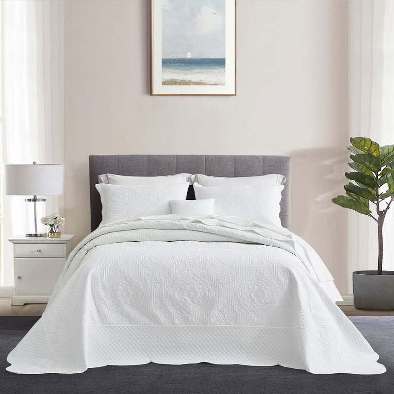 HZ  HY Oversized King Bedspread 138x122 Extra Wide Ultrasonic Coverlet Bedding Set Lightweight Thin Comforter Reversible 5 Piece 100 Microfiber CaliforniaAlaskan King White