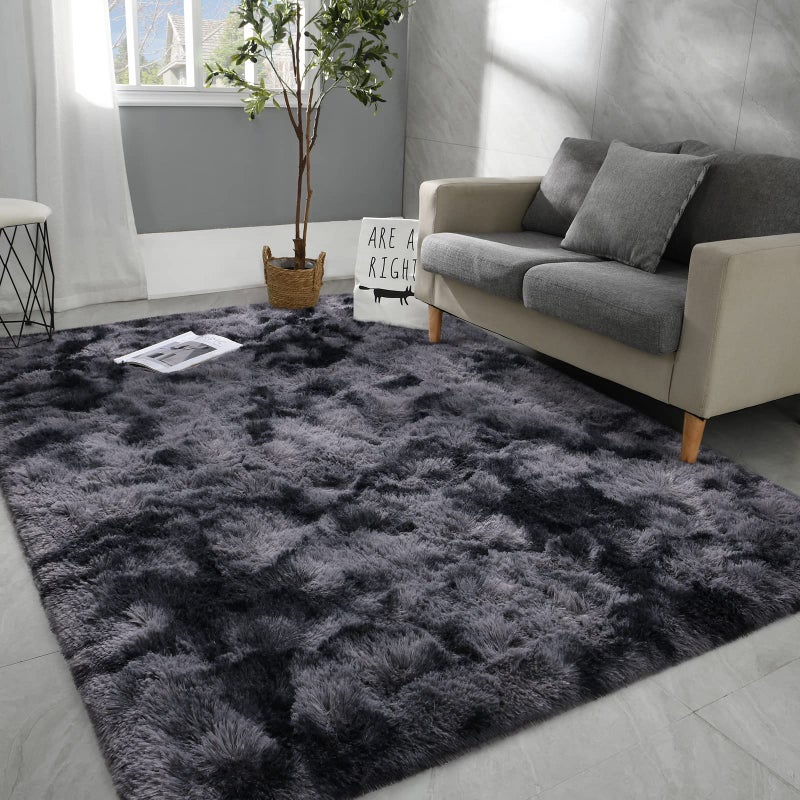 Hutha 4x6 Large Area Rugs for Living Room Super Soft Fluffy Modern Bedroom Rug TieDyed Dark Grey Indoor Shag Fuzzy Carpets for Girls Kids Nursery Room Home Decor