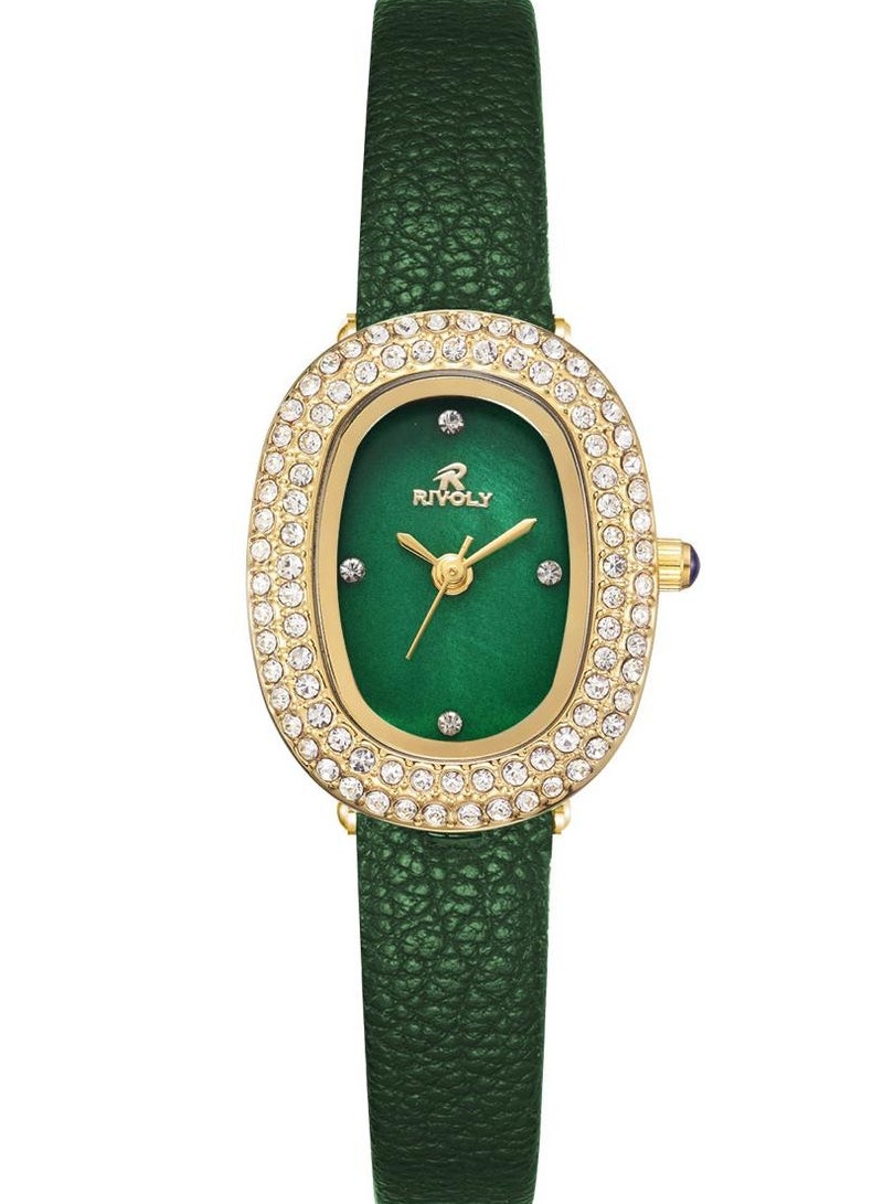 ريفولي ساعة نسائية أنيقة تتميز بإطار مرصع بالكريستال وسوار من الجلد