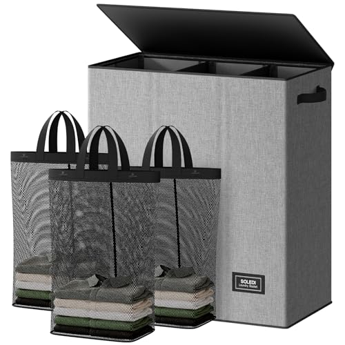 SOLEDI 160L Laundry Hamper 3 Section, Extra Large Laundry Hamper with Lid, Dirty Clothes Hamper with Sturdy Handle, Large Laundry Basket Organizer for Laundry Room, Bedroom, Hampers for Laundry - Image 1
