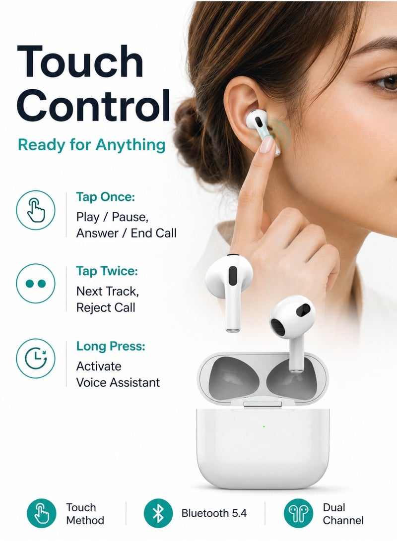 Starfire Wireless Bluetooth 5.4 Earphones with Touch Control, Dual Channel Stereo Sound, IPX4 Water Resistant Earbuds, 10m Range, 300mAh Charging Case, White - Image 5