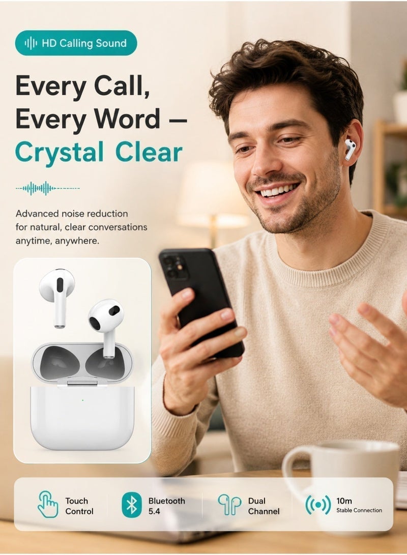 Starfire Wireless Bluetooth 5.4 Earphones with Touch Control, Dual Channel Stereo Sound, IPX4 Water Resistant Earbuds, 10m Range, 300mAh Charging Case, White - Image 5