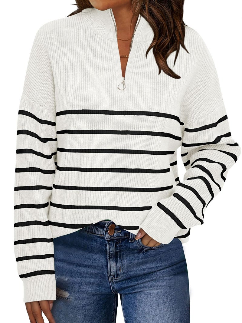 LILLUSORY Women's Quarter Zip Striped Oversized Sweater 2025 Mock Turtleneck Fall Fashion Outfit White-Black M - Image 1
