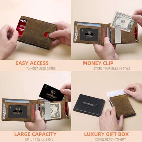RUNBOX Slim Wallets for Men - Leather Money Clip Mens Wallet - RFID Blocking Front Pocket Bifold Wallet - Minimalist Credit Card Holder with Gift Box - Image 2