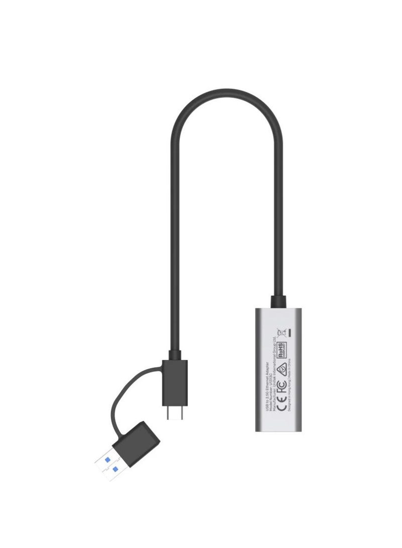 UNITEK Hybrid USB-C and USB-A to 2.5G Gigabit Ethernet Adapter with High-Speed Network Support for Laptops, Desktops, and Ultrabooks