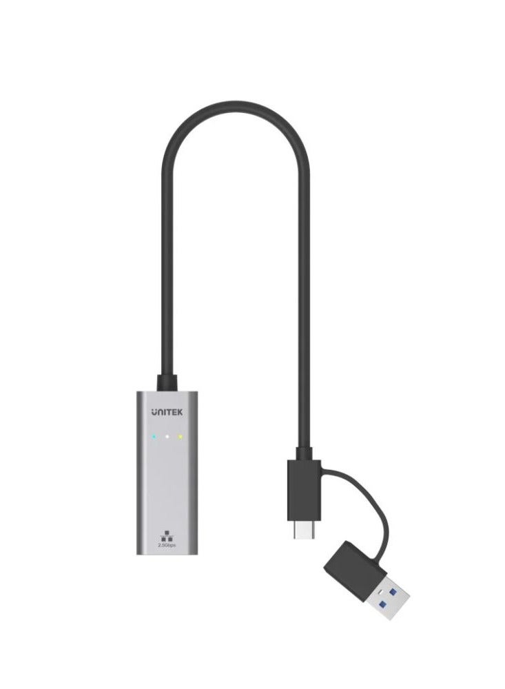 UNITEK Hybrid USB-C and USB-A to 2.5G Gigabit Ethernet Adapter with High-Speed Network Support for Laptops, Desktops, and Ultrabooks