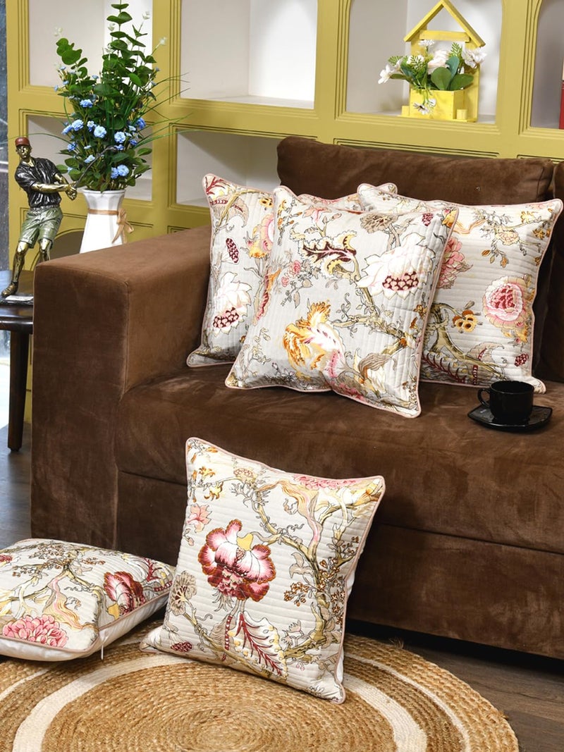 Clasiko Cotton 300 TC Cushion Covers Set of 5; 20X20 Inches; Multicolor Flowers On Beige - Image 3