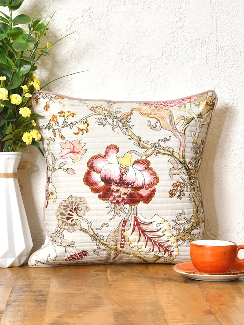 Clasiko Cotton 300 TC Cushion Covers Set of 5; 20X20 Inches; Multicolor Flowers On Beige - Image 4