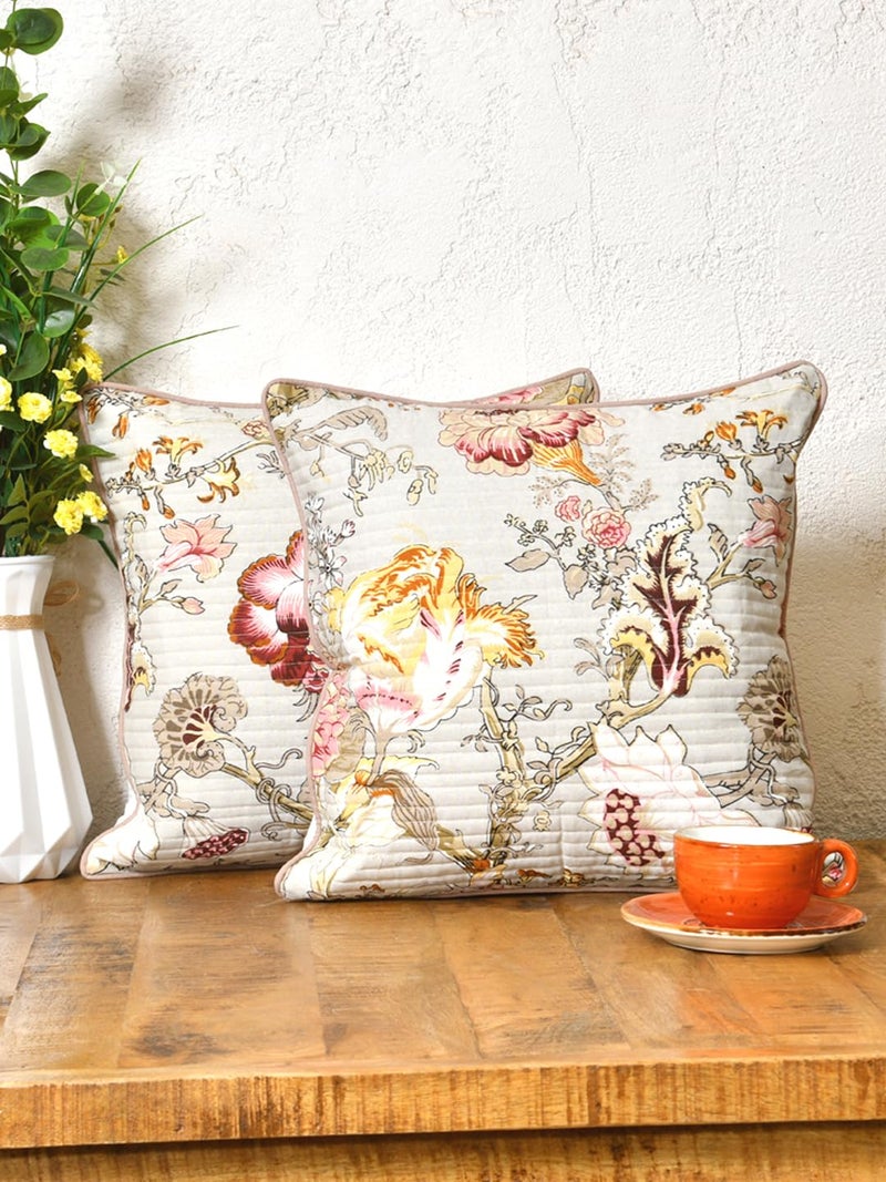 Clasiko Cotton 300 TC Cushion Covers Set of 5; 20X20 Inches; Multicolor Flowers On Beige - Image 5