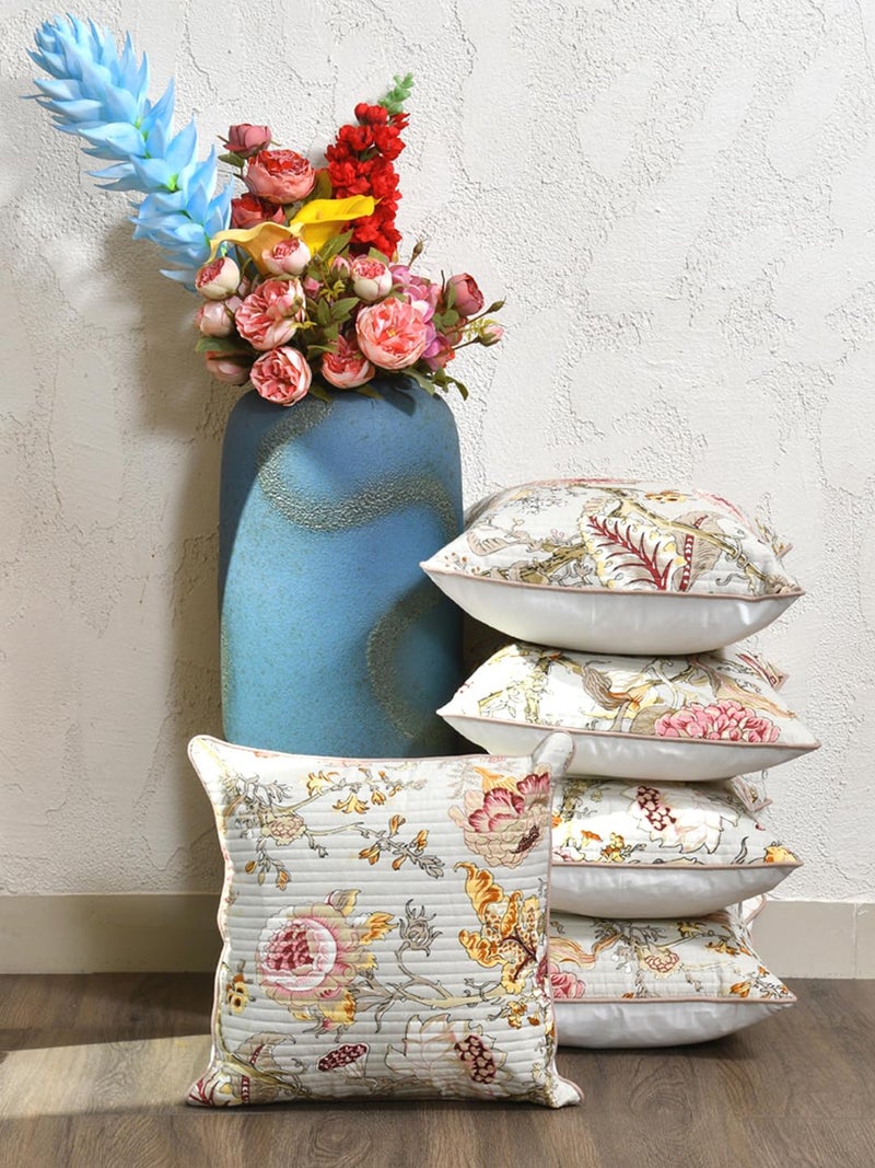 Clasiko Cotton 300 TC Cushion Covers Set of 5; 20X20 Inches; Multicolor Flowers On Beige - Image 2