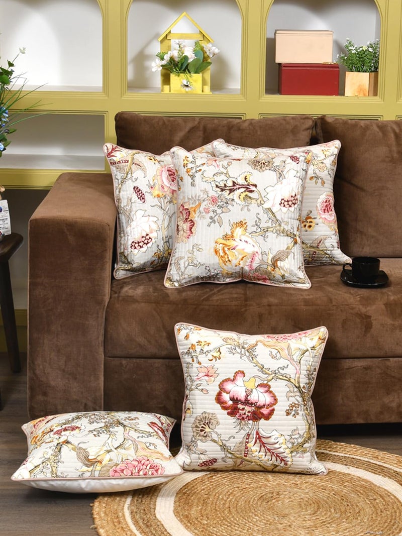 Clasiko Cotton 300 TC Cushion Covers Set of 5; 20X20 Inches; Multicolor Flowers On Beige - Image 1