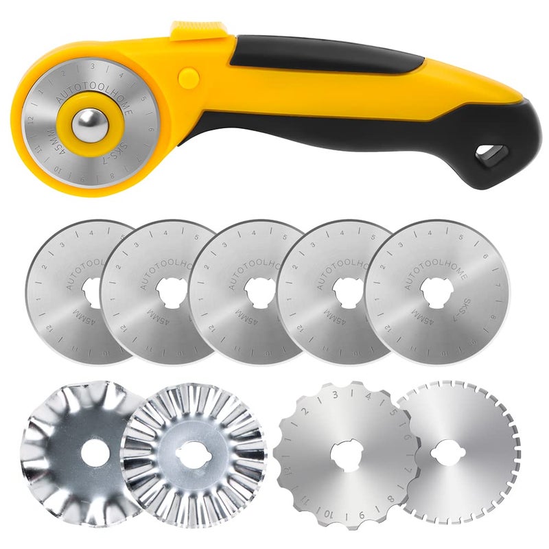 AUTOTOOLHOME 45mm Rotary Cutter with 9pcs Extra Blades Automatic Fabric Roller Cutter Perforator Crochet Edge Pinking Rotary Blades for Quilting, Sewing, Crafting - Image 1